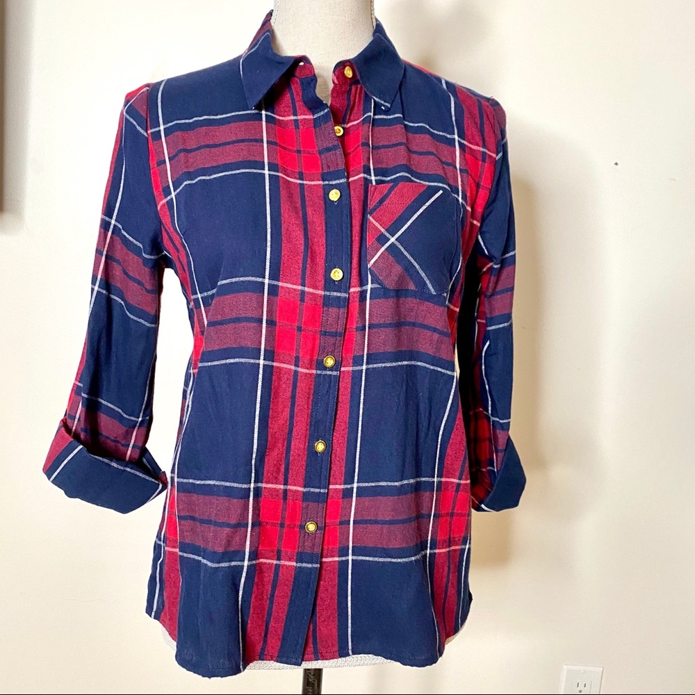 Blue Red Cotton Flannel Gold Buttons Long Shirt - Picture 2 of 9
